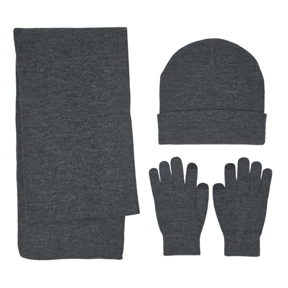 3457 Winter Knit Scarf Beanie Touchscreen Gloves 3PCS Set and ,DK Grey